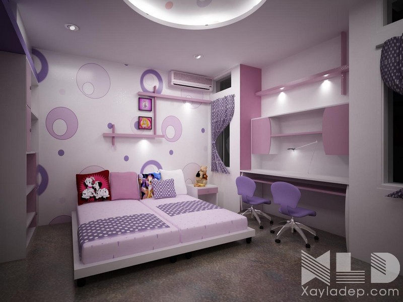 Mẫu trần thạch cao phòng ngủ hình tròn cho bé gái với màu hồng nhạt
