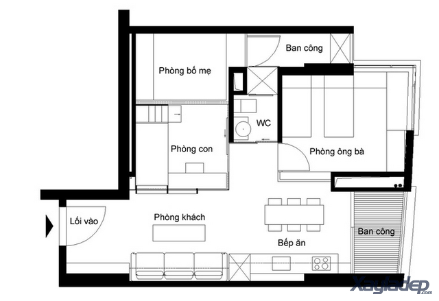 Phương án thiết kế nội thất chung cư 70m2 cho gia đình 6 người. Mặt bằng các phòng
