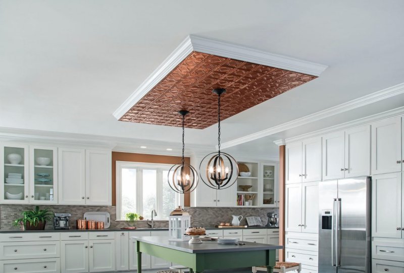 Mẫu trần thạch cao phòng bếp đơn giản với 2 chiếc đèn dây chuyền hình tròn